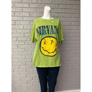 Nirvana Women Green Distressed  Short Sleeve T-Shirt Size M